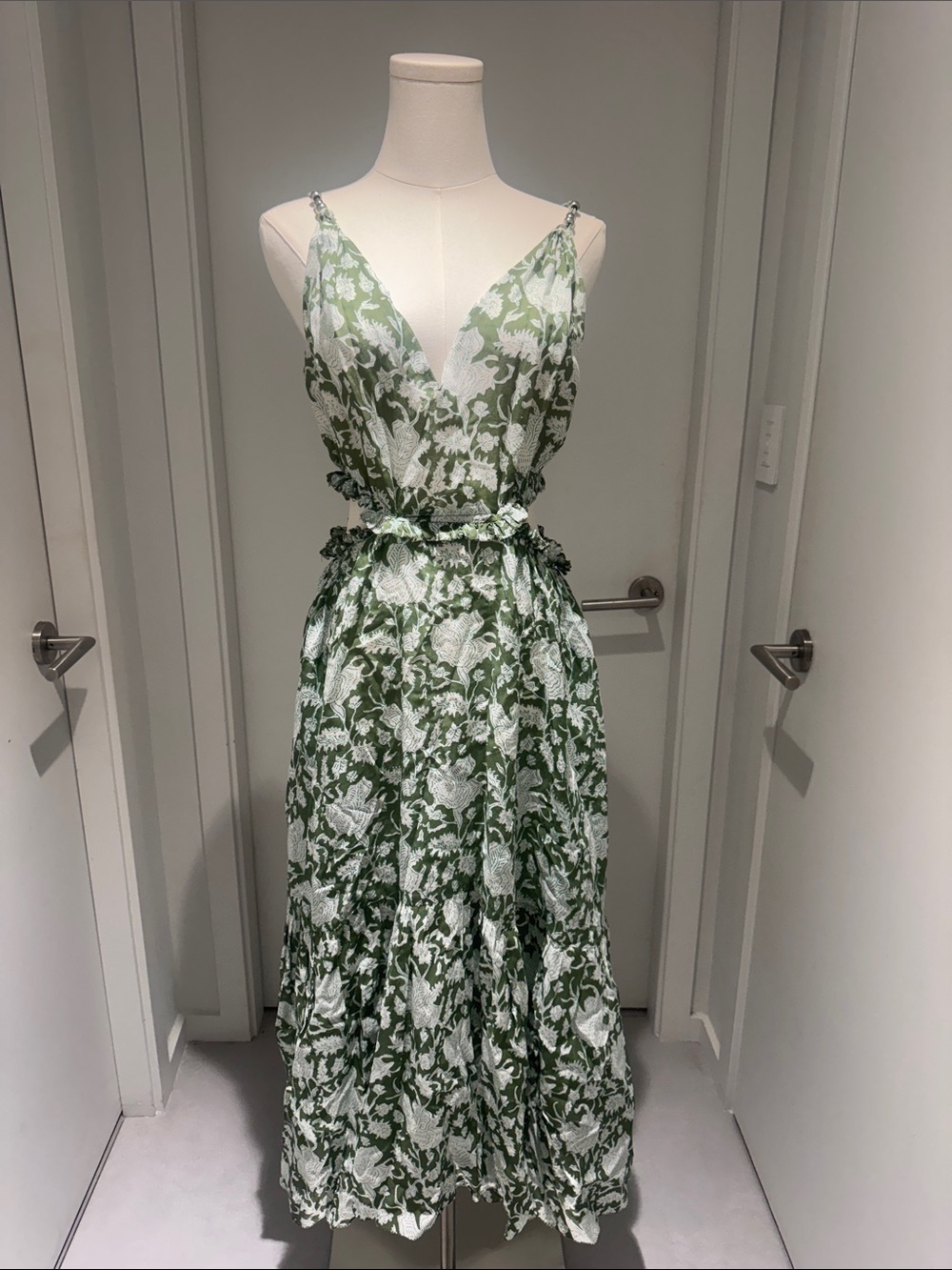 Maje Green & White Floral V-Neck Maxi Dress
